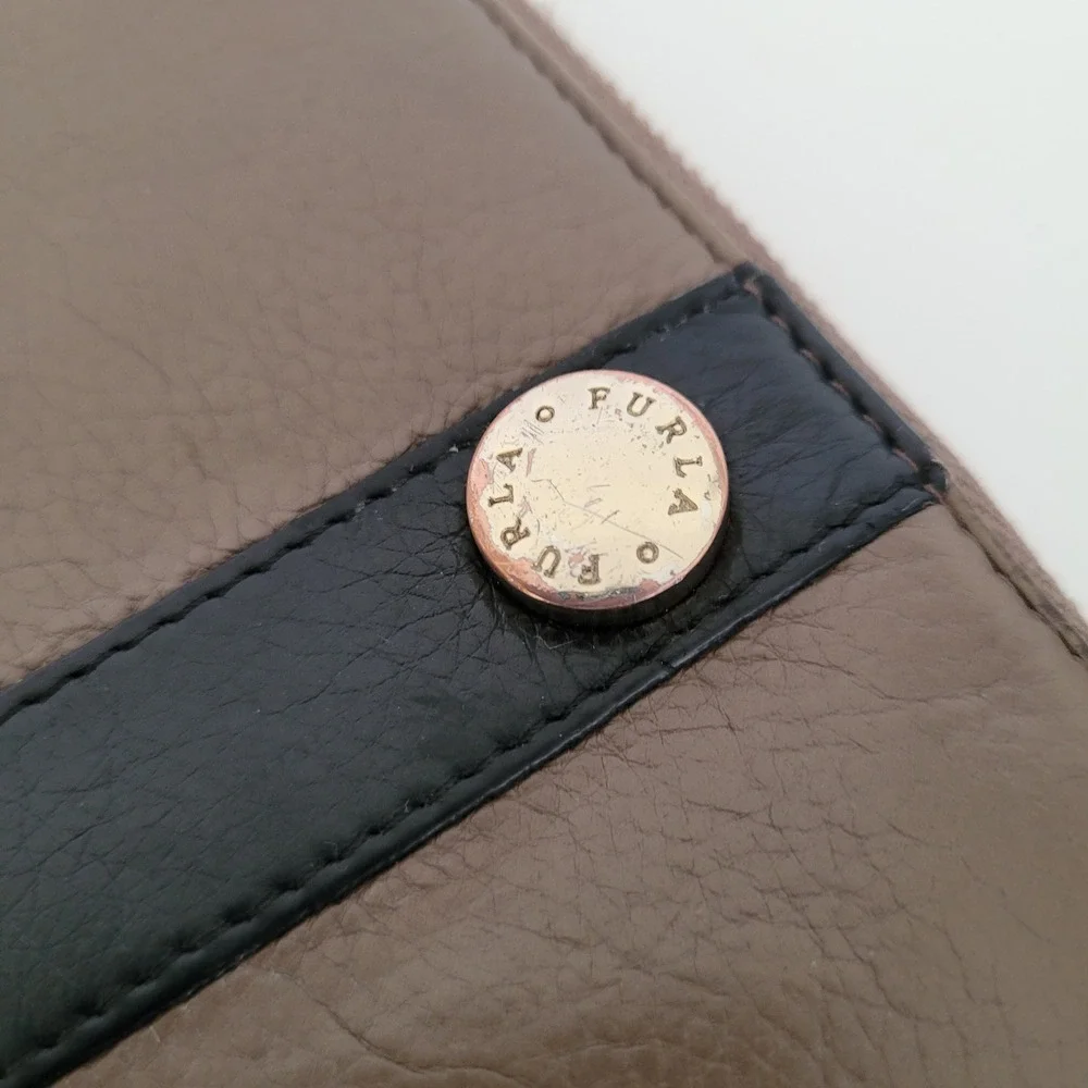 Furla Zip Around Leather Wallet Taupe Black Colorblock Silver Logo Hardware
